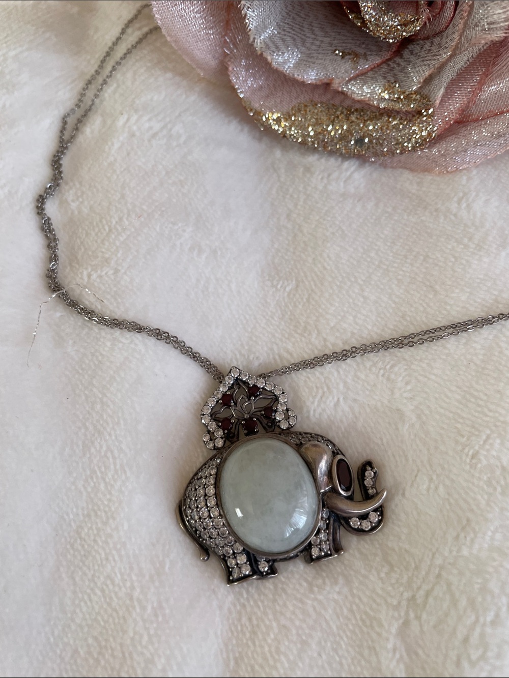 Vtg. 925 Sterling Silver Jade Garnet Gemstones Lucky Elephant Pendant Necklace